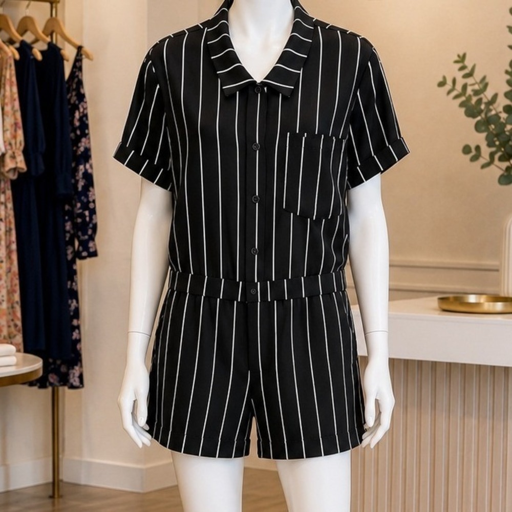 INCERUN Women Romper Black White Vertical Stripe Button Front Medium